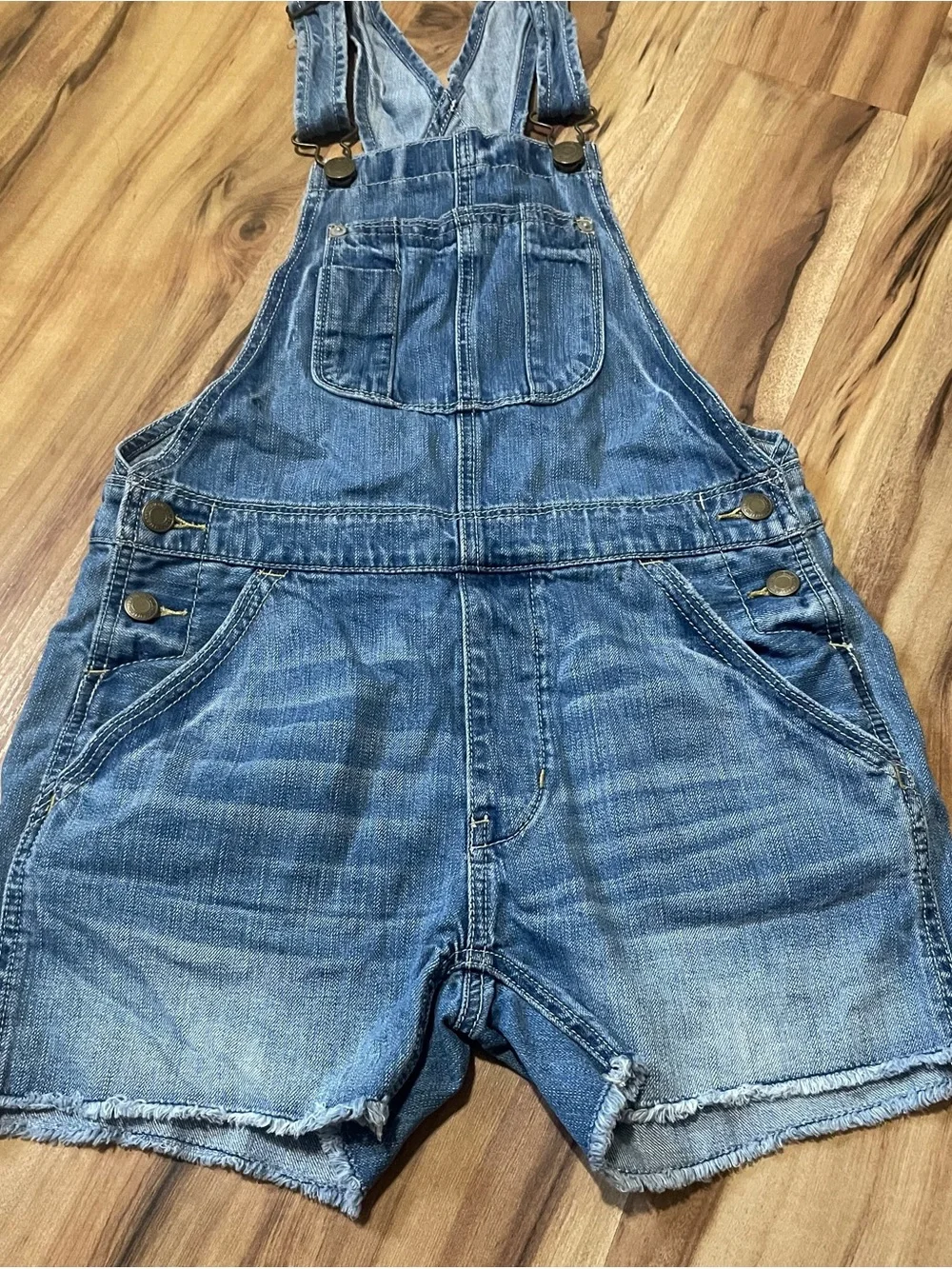Y2K American Eagle Short Denim Overalls Blue Frayed Hem Size XXS